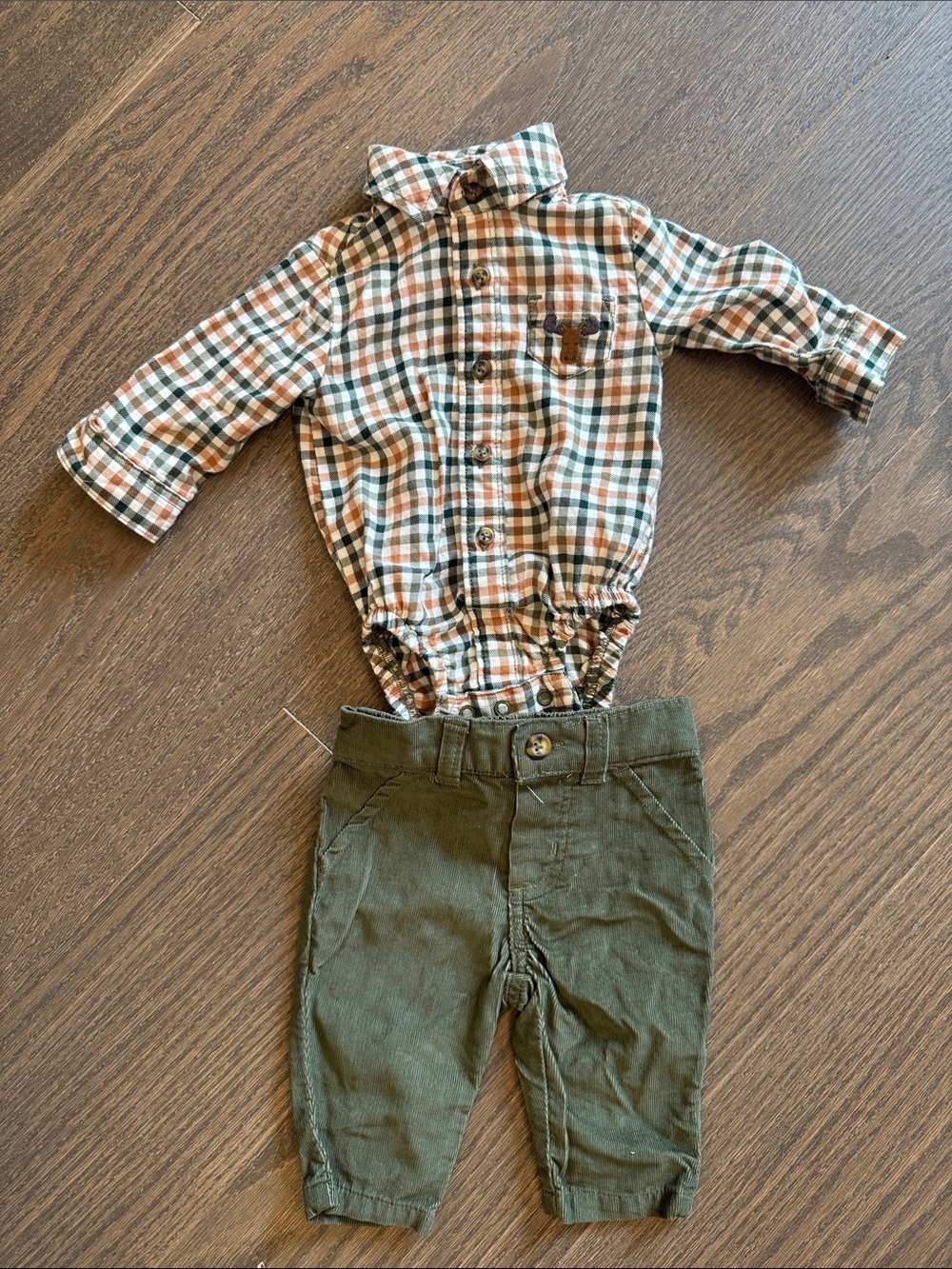 Carter's Green Corduroy Pants with Brown, Green & Cream Plaid Bodysuit